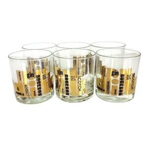 Vintage Curoc MCM Gold "DRINK" Whisky Gin Vodka Wine Bourbon Rocks Six Glasses